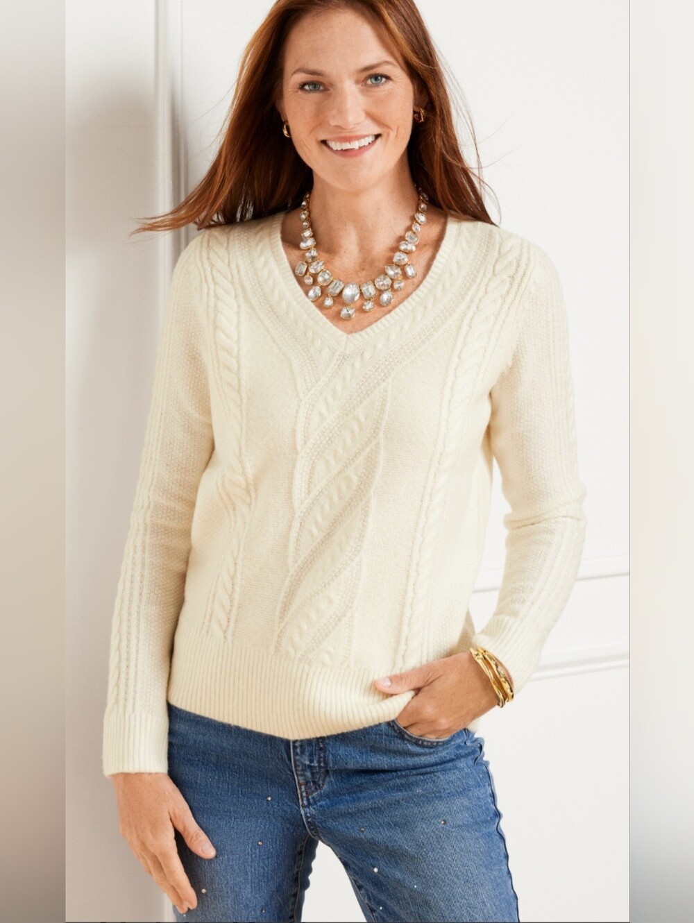 Talbots Sweater, New! Size XL, Ivory White, V-Neck, Wool, Cable Knit